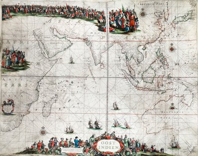 Itä-Intian kartta, noin 1666 (värillinen kaiverrus). tekijältä Pieter Goos