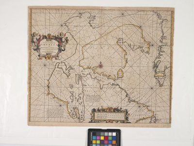 Uusi Amerikan koillisrannikon kartta (kaiverrus käsin värjättyllä luonnonvalkoiselle paperille) tekijältä Pieter Goos