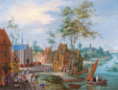 Uma vila flamenga com vista para o rio (óleo sobre cobre)finlandês tekijältä Peeter Gijsels
