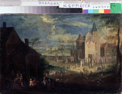 ""Kermesse kylän paikalla"" (Kermis) Kaupunkimaisema Flanderissa. Peter Gyselsin (1621-1690) Serpukhovin maalaus, Venäjän valtion historian ja taiteen museo tekijältä Peeter Gijsels