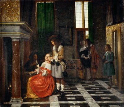 Kortinsoittajia ylellisessä sisustuksessa tekijältä Pieter Hooch de