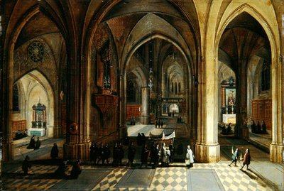 Goottilaisen katedraalin sisustus ja kulkue (öljy paneelille) tekijältä Pieter II and Franken Frans II Neefs
