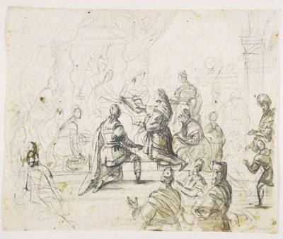 Figuurit polvistuvat kuninkaan edessä valtaistuimella tekijältä Pieter Isaacsz