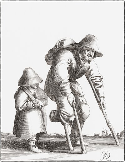 Rajautunut kerjäläinen lapsen kanssa (kaiverrus) tekijältä Pieter Jansz (after) Quast