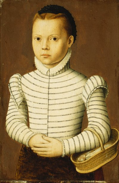 Muotokuva nuoresta tytöstä, jolla on mustavalkoinen puku ja jossa on kori, tekijältä Pieter Jansz. Pourbus