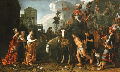 Jefta toivotti tyttärensä tervetulleeksi kotiin taistelukentältä, tekijältä Pieter Lastman