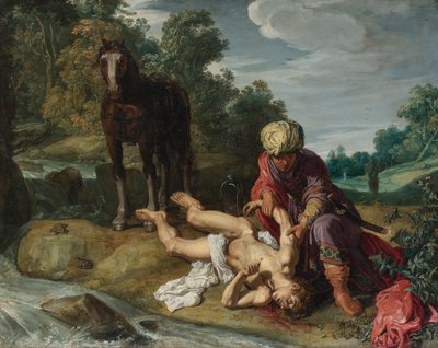 Laupias samarialainen hoitaa kulkijan haavoja (Luuk. 10:25-37). tekijältä Pieter Lastman
