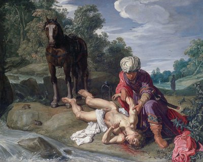 Laupias samarialainen hoitaa kulkijan haavoja (Luuk. 10:25-37). tekijältä Pieter Lastman