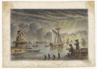 Rannikkonäkymä laivoilla, tuulimyllyllä ja piirtäjällä tekijältä Pieter Louw (attributed to)