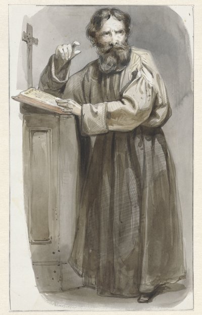 Pysyvä pappi puhujapuhujan edessä, krusifiksi ja raamattu tekijältä Pieter Marinus van de Laar (attributed to)