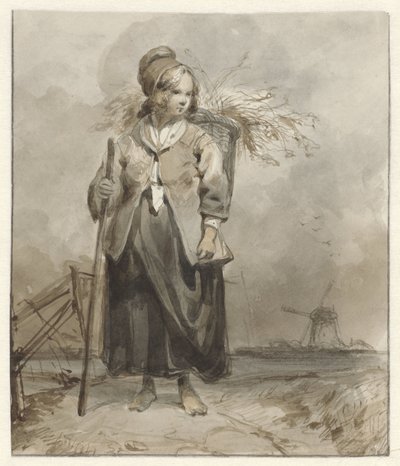 Seisova nainen kepillä ja korilla takana tekijältä Pieter Marinus van de Laar (attributed to)