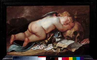 Rakastan kuoleman pään päällä nukkumista. Pieter Moninckxin (1606 - 1686) maalaus (vanite) Ec. Flam. tekijältä Pieter Moninckx