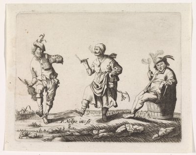 Tanssiva maanviljelijä ja maanviljelijän vaimo ja mies tynnyrissä tekijältä Pieter Nolpe