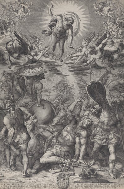 Saulin kääntymys, joka makaa maassa hevosten ja sotilaiden ympäröimänä Kristuksena..., 1583 tekijältä Pieter Perret