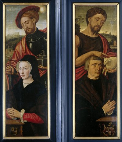 Triptyykin kaksi siipeä lahjoittajien muotokuvilla pyhien Adrianuksen ja Johannes Kastajan kanssa tekijältä Pieter Pourbus (attributed to)