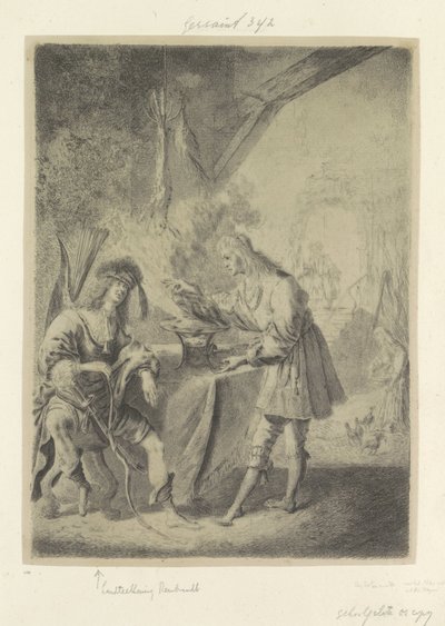 Esau myy esikoisoikeutensa Jaakobille Recueil de quatre-vingt-cinq estampes originales (sarjan nimi) tekijältä Pieter Rottermondt