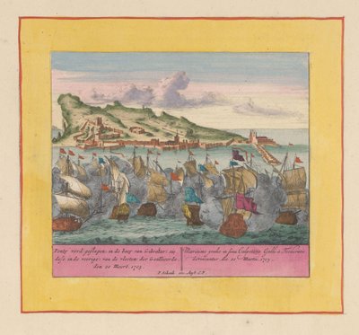 Gibraltarin meritaistelu 1705 Ponty lyötiin liittoutuneiden laivastojen Gibraltarin lahdella (sie dese edessä), den 20 Meert, 1705 (otsikko esineessä) Sotateatteri, kuningas Kaarle II:n alku. Nähdään King Karel luolassa tekijältä Pieter Schenk (I)