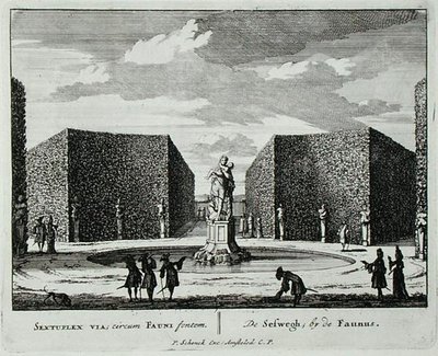 Kuusikulmainen pensasaita faun-suihkulähteen vieressä, "Admirandorum Quadruplex Spectaculum", kirjoittaja Jan van Call (1656-1703), julkaistu ennen vuotta 1715 (kaiverrus) tekijältä Pieter Schenk
