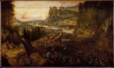 Taistelu filistealaisten ja israelilaisten välillä: Saul ja hänen maaherransa heitetään miekkaansa. (maalaus tekijältä Pieter Bruegel the Elder