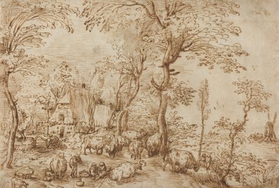 Talonpoikia ja karjaa maalaistalon lähellä, noin 1553-54 (kynä ja ruskea muste paperille). tekijältä Pieter Bruegel the Elder