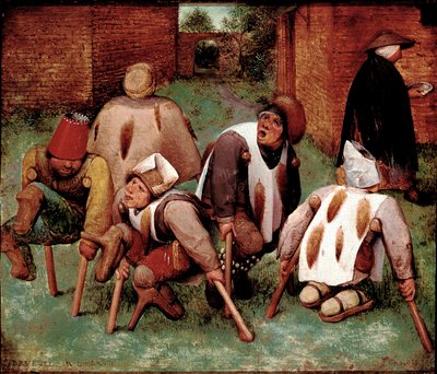 Estropies Ryhmä vammaisia hahmoja, butts-de-jatte (peput). Pieter Bruegelin (tai Breugelin tai Brueghelin tai Breughelin) maalaus dit l
