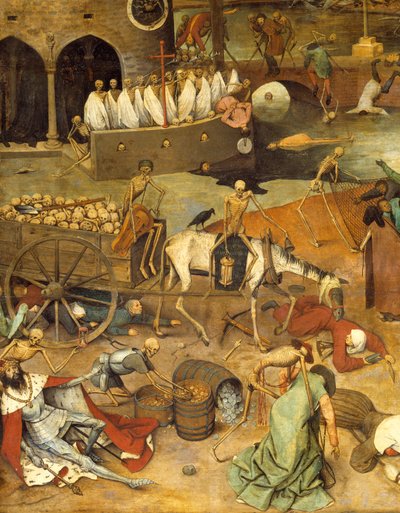 Kuoleman voitto Kuolema vetää kärryn ruumiista. Soturien ja kuninkaiden ruumiit makaavat maassa. Pieter Bruegelin (tai Breugelin tai Brueghelin tai Breughelin) maalaus entisen (1525-1569) 1500-luvun su. 117x162 cm Musee du Prado, Madrid tekijältä Pieter Bruegel the Elder