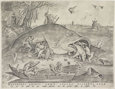 Isot kalat syövät pienet kalat, kaiverrus Pieter van der Heyden, 1557 tekijältä Pieter The Elder after Brueghel