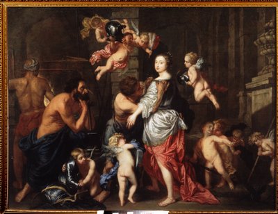 Venuksen (Afroditen) vierailu Vulcanissa (Hephaistos) (Venuksen vierailu Vulcanissa). Pieter Thiesin (1624-1677 tai 1679) maalaus. Öljy kankaalle tekijältä Pieter Thies