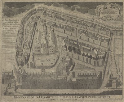 Gezicht op het Sint-Elisabethbegijnhof en de Sint-Elisabethkerk te Gent Pyhän Elisabetin begginasium Gentin saarnaajien hoidossa vuodelta 1234 (otsikko esineessä) tekijältä Pieter Wauters