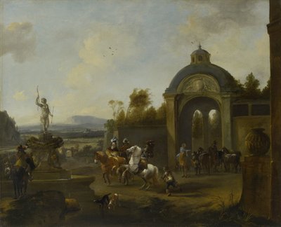 Metsästysjuhlat suihkulähteellä tekijältä Pieter Wouwerman