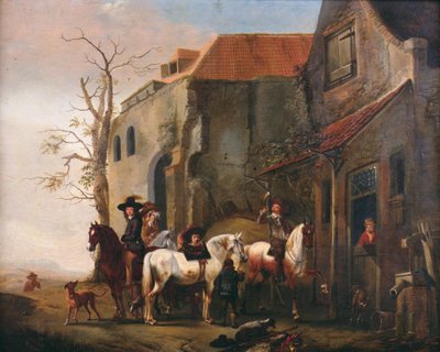 Ratsastajia ja hevosia majatalon ovella tekijältä Pieter Wouwermans or Wouwerman