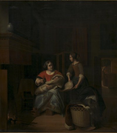 Kotiäiti opastamassa piikaansa tekijältä Pieter de Hooch