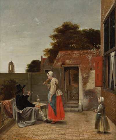 Mies tupakoi ja nainen juomassa pihalla, n. 1658-60 tekijältä Pieter de Hooch