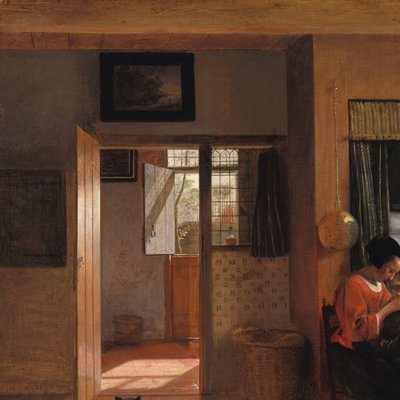 Äiti, joka tuhoaa lapsensa hiuksia, tunnetaan "äidin velvollisuutena" Sisustus, jossa äiti pilaa lapsensa hiuksia, tunnetaan nimellä "Äidin velvollisuus" tekijältä Pieter de Hooch