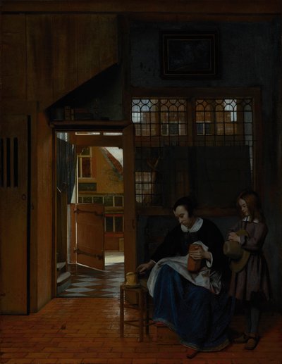 Nainen valmistamassa leipää ja voita pojalle, n. 1660-3 tekijältä Pieter de Hooch