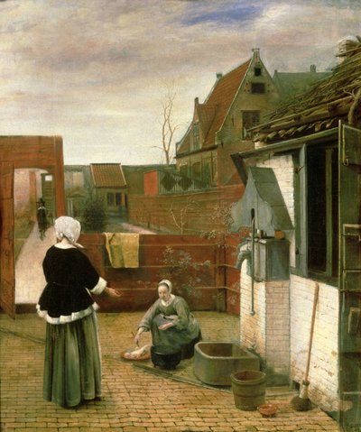 Nainen ja piika pihalla, n. 1660-61 tekijältä Pieter de Hooch