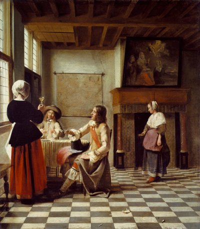 Sisustus, jossa nainen juo kahden miehen kanssa ja palvelija tekijältä Pieter de Hooch