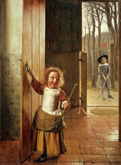 Lapset ovella golfmailojen kanssa, n. 1658-60 tekijältä Pieter de Hooch