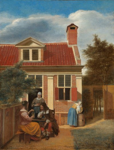 Figuurit sisäpihalla talon takana Kolme naista ja mies pihalla talon takana tekijältä Pieter de Hooch