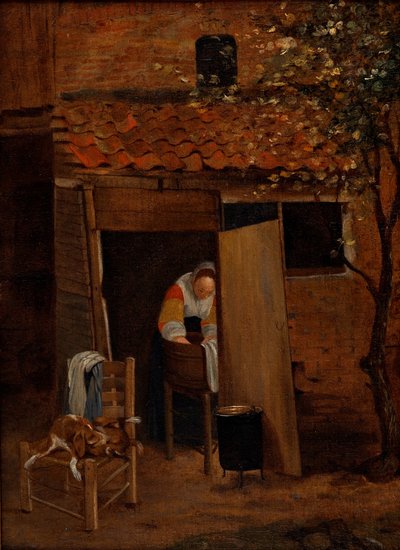 Tyttö pesemässä vaatteita Zwollen pihalla, vuoden 1653 jälkeen (öljy kankaalle). tekijältä Pieter de Hooch