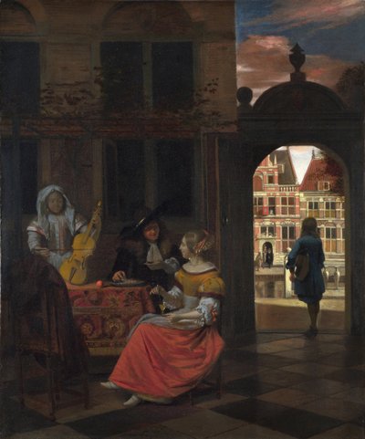 Hooch, Pieter, de (1629-1684) Musiikkijuhlat pihalla Öljy kankaalle 1677 National Gallery, London 83,5x68,5 tekijältä Pieter de Hooch