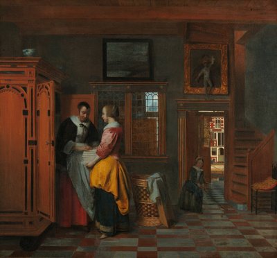 Sisustus naisten kanssa pellavakaapin vieressä tekijältä Pieter de Hooch