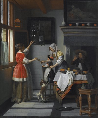 Sisustus, jossa lapsi ruokkii papukaijaa par Hooch, Pieter, de tekijältä Pieter de Hooch