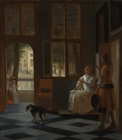 Mies luovuttaa kirjeen naiselle talon eteisessä tekijältä Pieter de Hooch