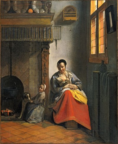 Nainen imettävän lapsen kanssa, lapsen ja koiran kanssa tekijältä Pieter de Hooch