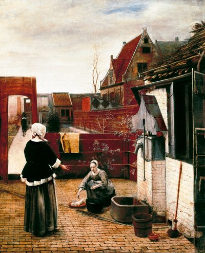 nainen ja hänen palvelijansa oikeudessa tekijältä Pieter de Hooch