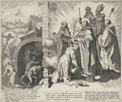 Catharina biddend / Visioen van Catharina / Catharina sanat Dominikaanit Scenes uit het leven en wonderen van de Heilige Catharina van Siena (sarjan nimi) B. Catherine vanhemman elämä, kuolema ja valitut ihmeet (...) (sarjan nimi) tekijältä Pieter de Jode (I)