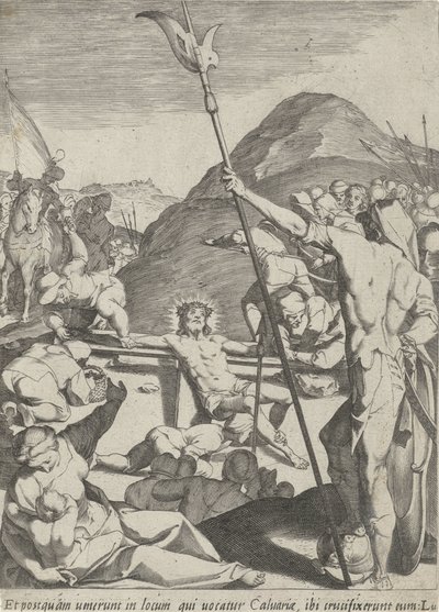 Kristus on naulittu ristille Passion of Christ (sarjan nimi) Passionis et resurrectionis (sarjan nimi) tekijältä Pieter de Jode (I)
