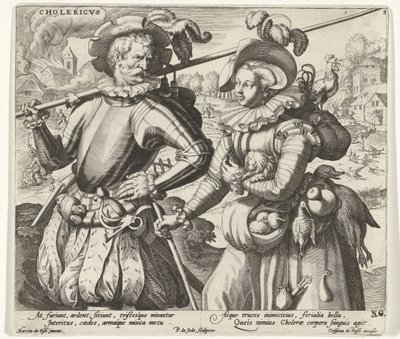 Koleerinen temperamentti Cholericvs (otsikko esineessä) Neljä temperamenttia (sarjan nimi) tekijältä Pieter de Jode (I)