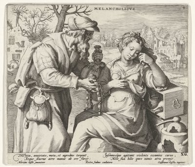 Melankolinen temperamentti Melancholicvs (otsikko esineessä) Neljä temperamenttia (sarjan nimi) tekijältä Pieter de Jode (I)